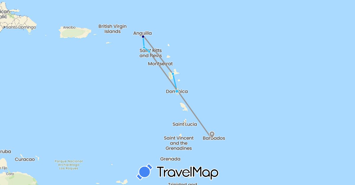 TravelMap itinerary: driving, plane, boat in Barbados, Dominica, France, Saint Kitts and Nevis, Netherlands (Europe, North America)