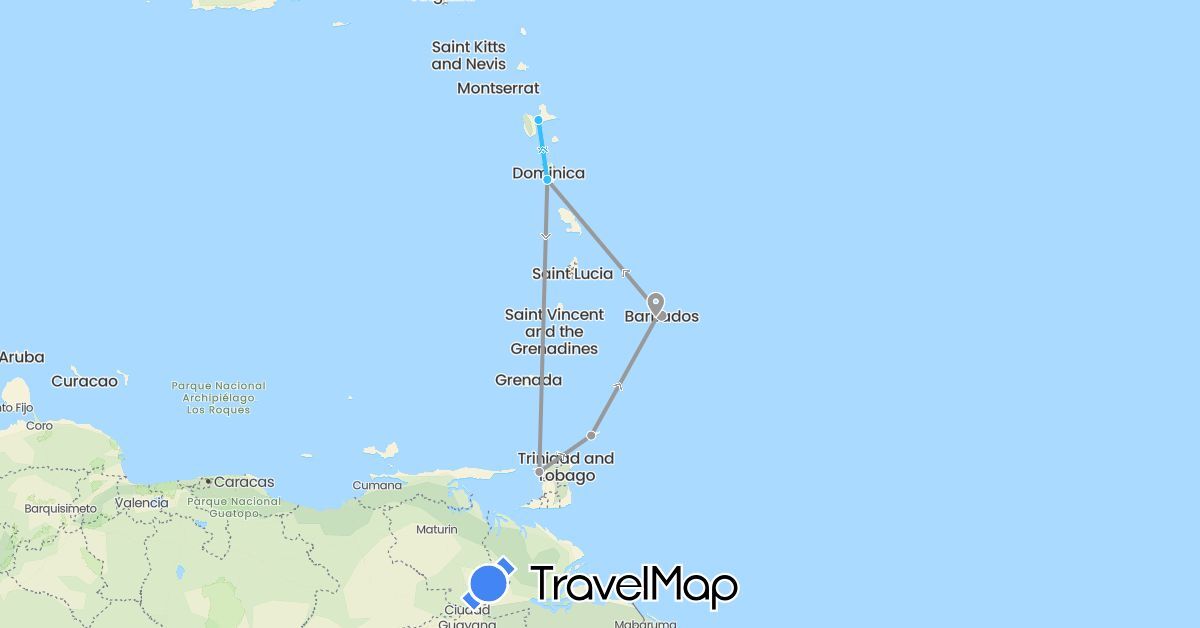TravelMap itinerary: driving, plane, boat in Barbados, Dominica, France, Trinidad and Tobago (Europe, North America)