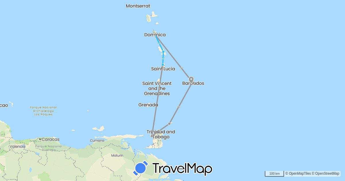 TravelMap itinerary: driving, plane, boat in Barbados, Dominica, France, Saint Lucia, Trinidad and Tobago (Europe, North America)