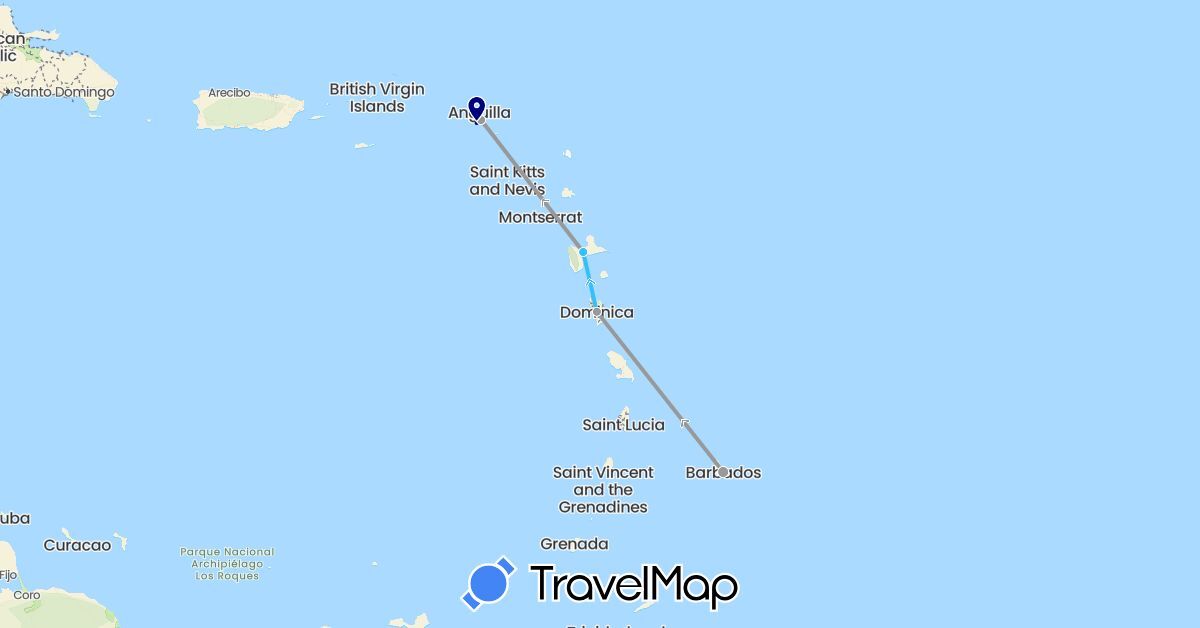 TravelMap itinerary: driving, plane, boat in Barbados, Dominica, France, Netherlands (Europe, North America)